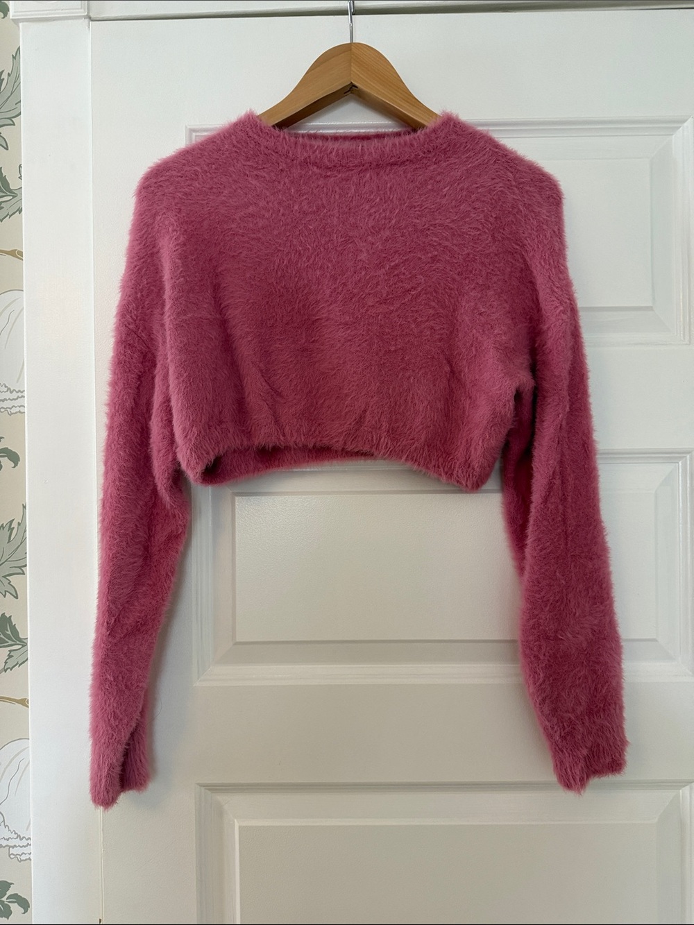 Topshop Cropped Fuzzy Crewneck Sweater - Dusty Rose